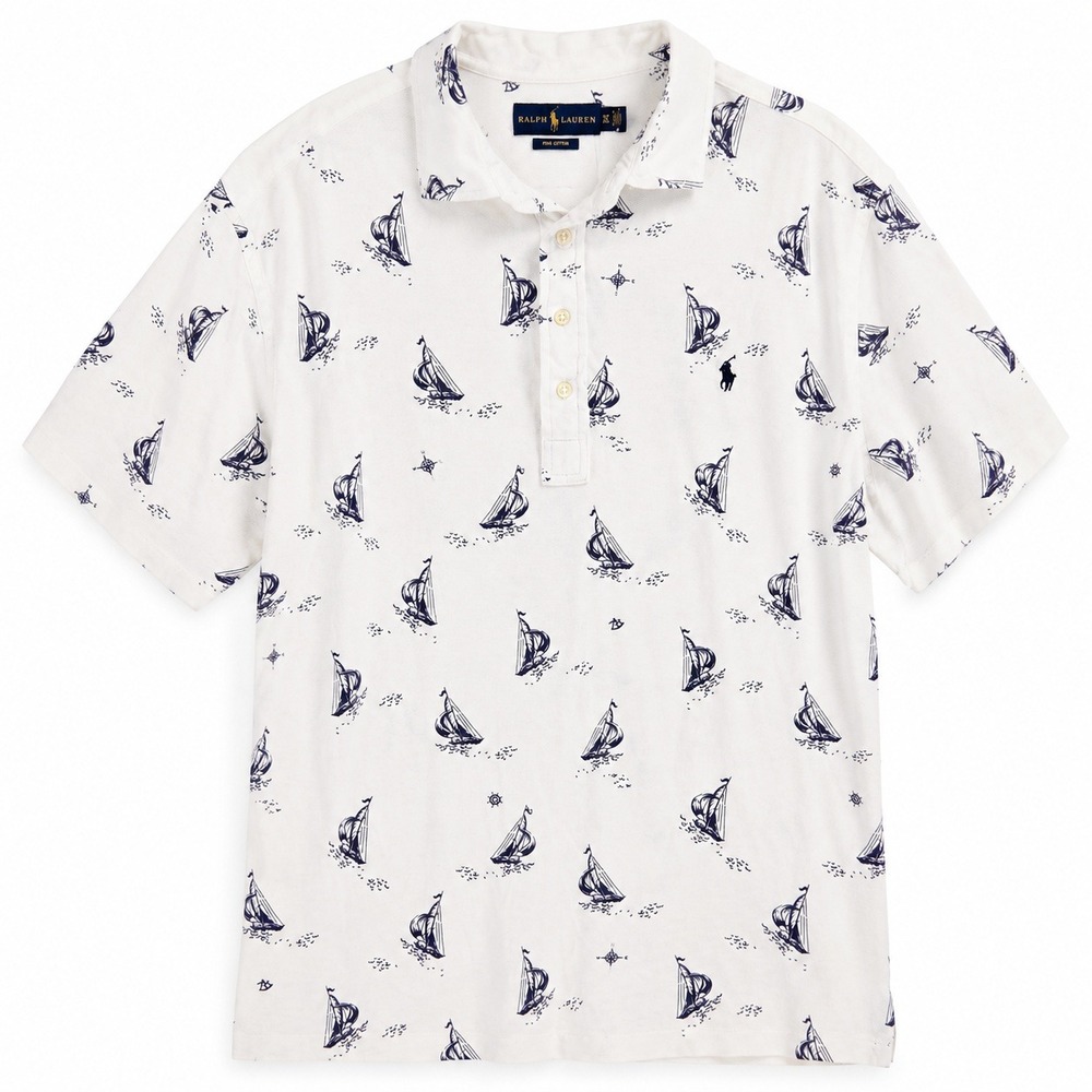 Ralph Lauren Knit Oxford Mens XLT Sailboat Print White Cotton Polo‎ Preppy Yacht